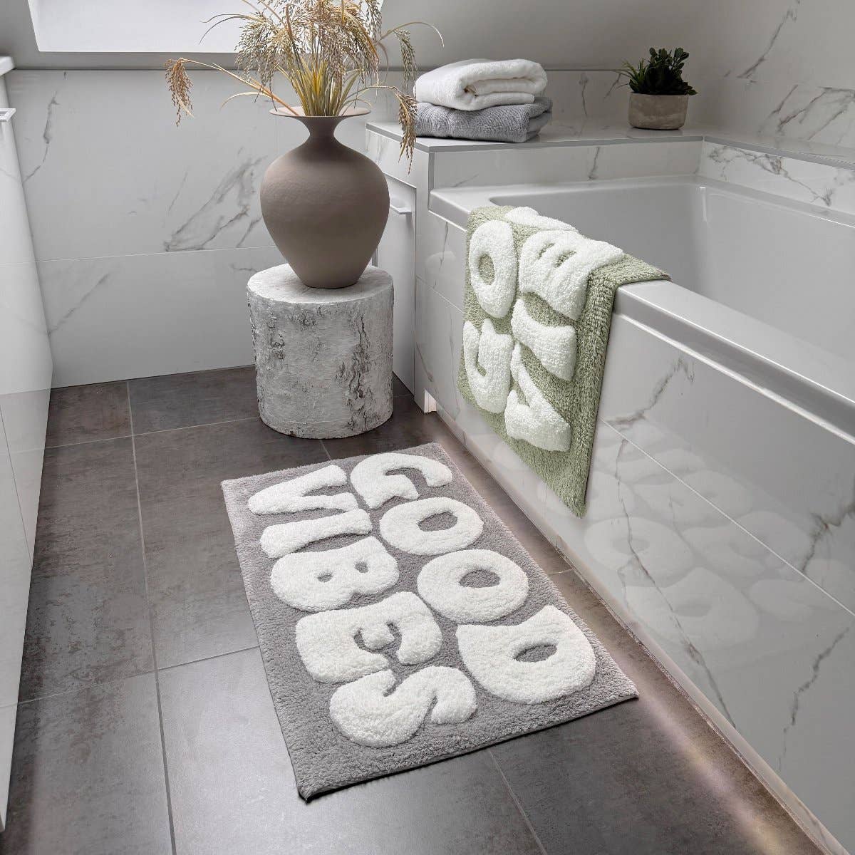 Good Vibes Slogan Bath Mat Non Slip Hand Tufted Bathroom Rug: Green