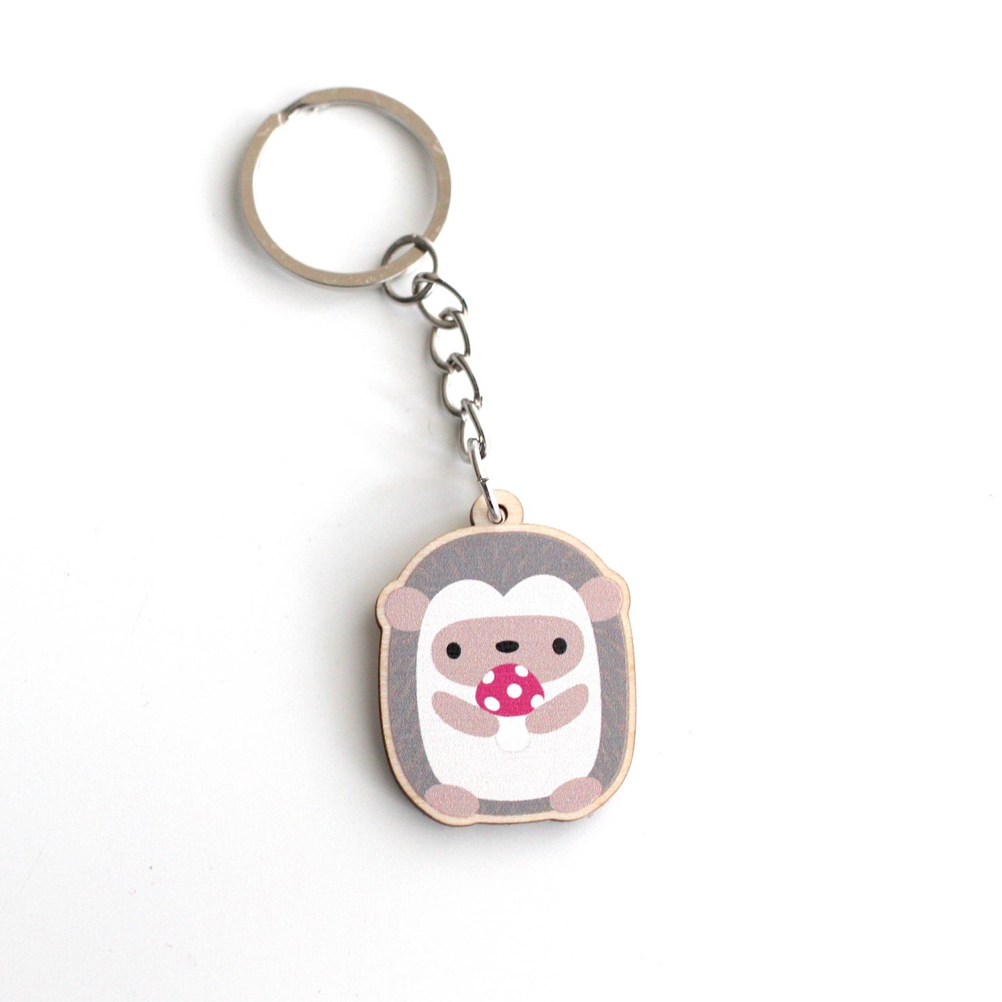 Mushroom Hedgehog Wood Keychain - Cute Wooden Animal Charm