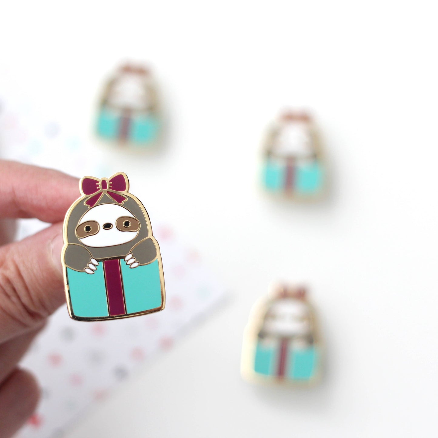 Sloth in a Gift Box Enamel Pin. Christmas Sweater Brooch