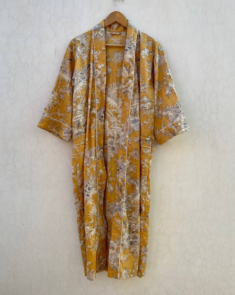 Mustard Yellow Floral Kimono Robe