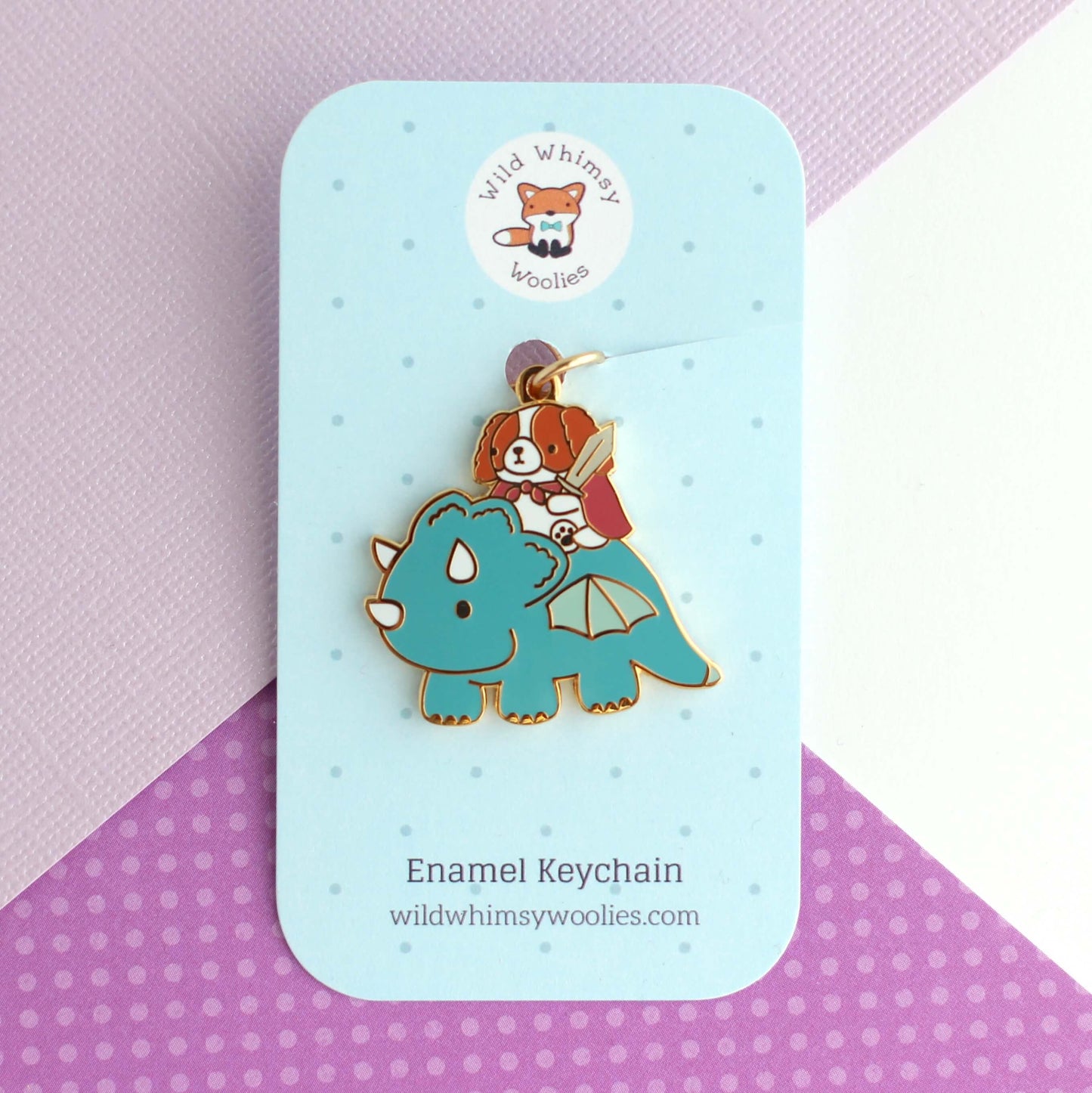 Cavalier King Charles Spaniel Riding Dragon Enamel Keychain