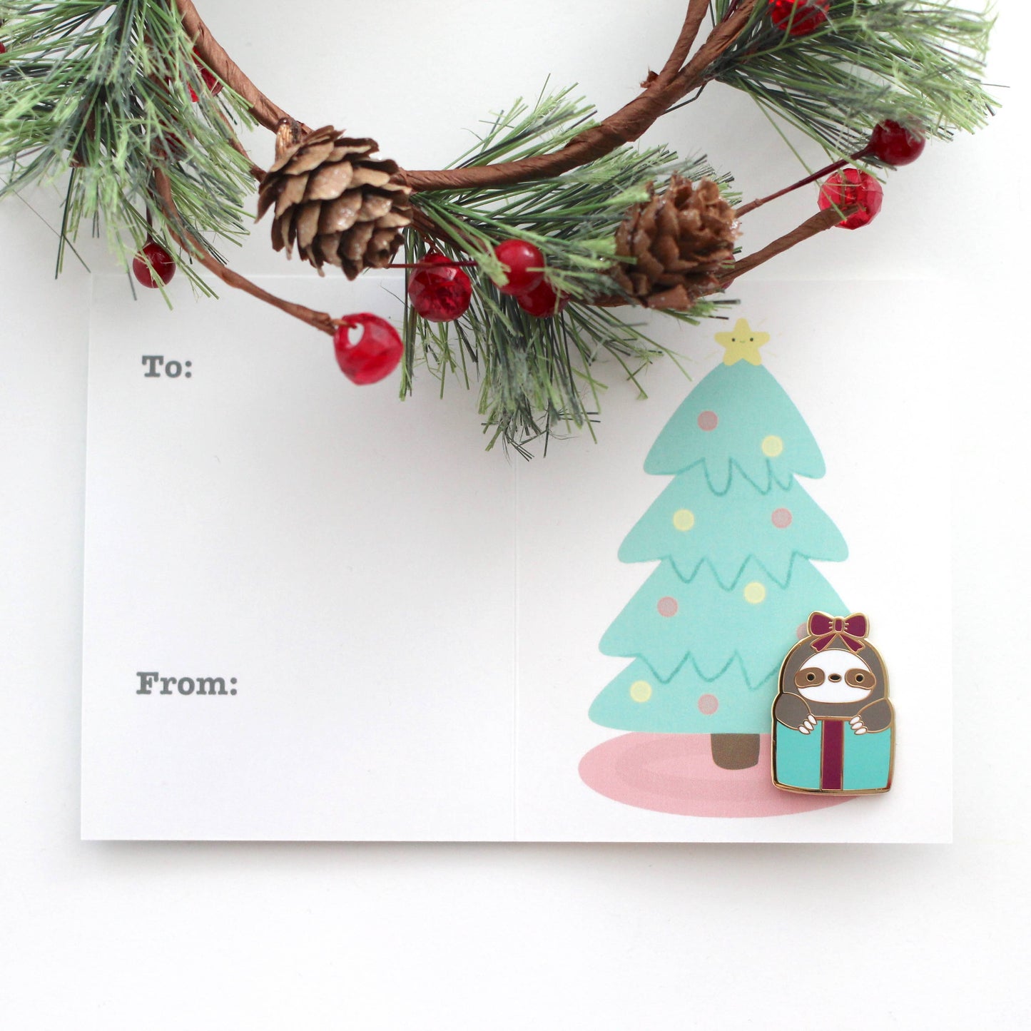 Sloth in a Gift Box Enamel Pin. Christmas Sweater Brooch