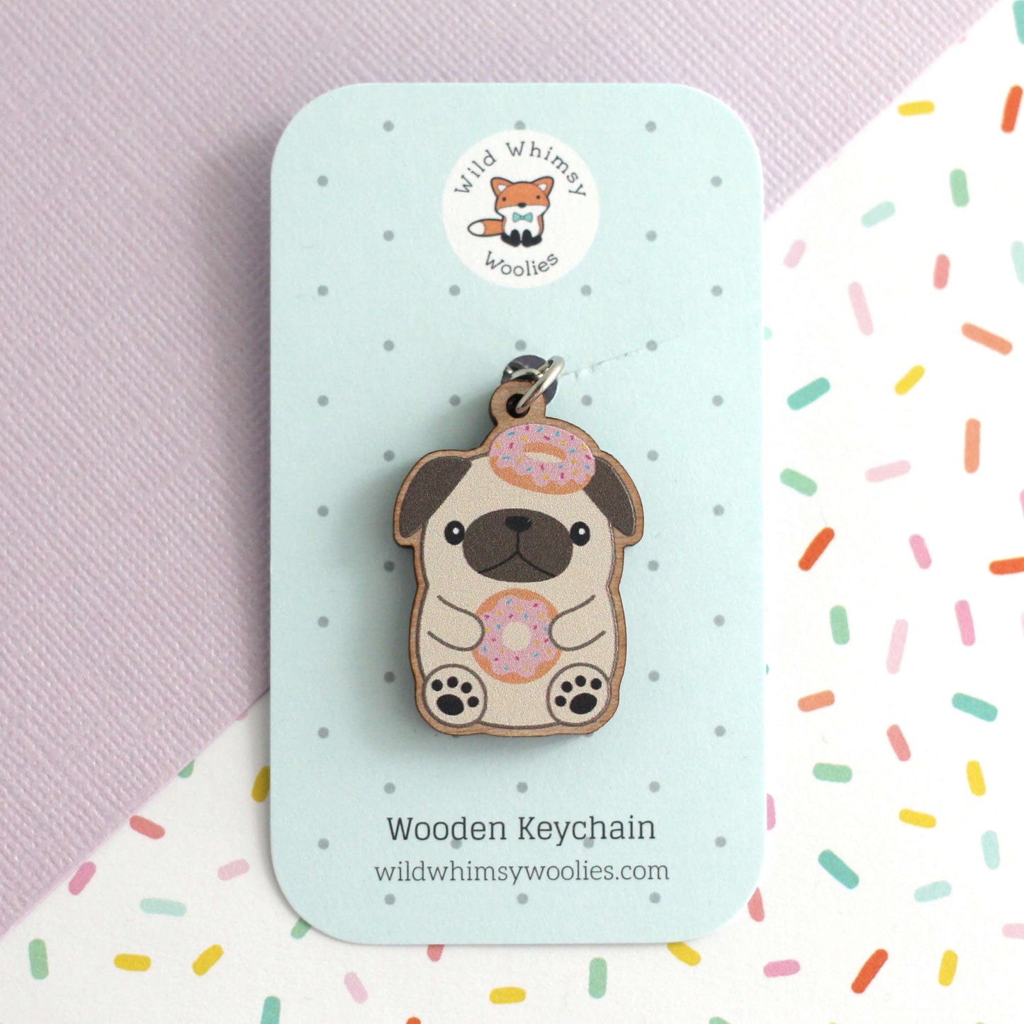 Donut Loving Pug Wooden Keychain. Cute Dog Purse Charm