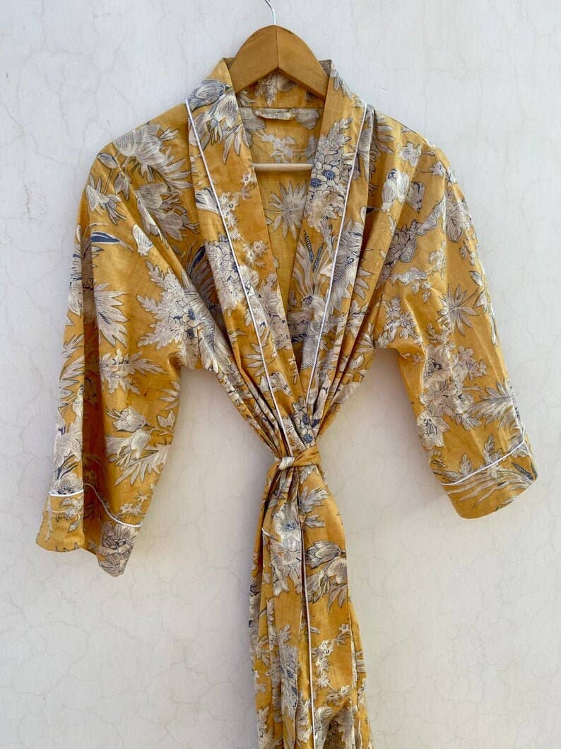 Mustard Yellow Floral Kimono Robe