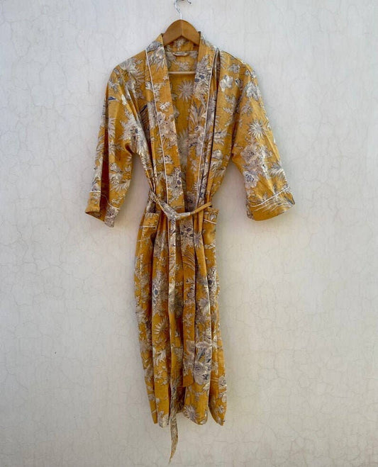 Mustard Yellow Floral Kimono Robe