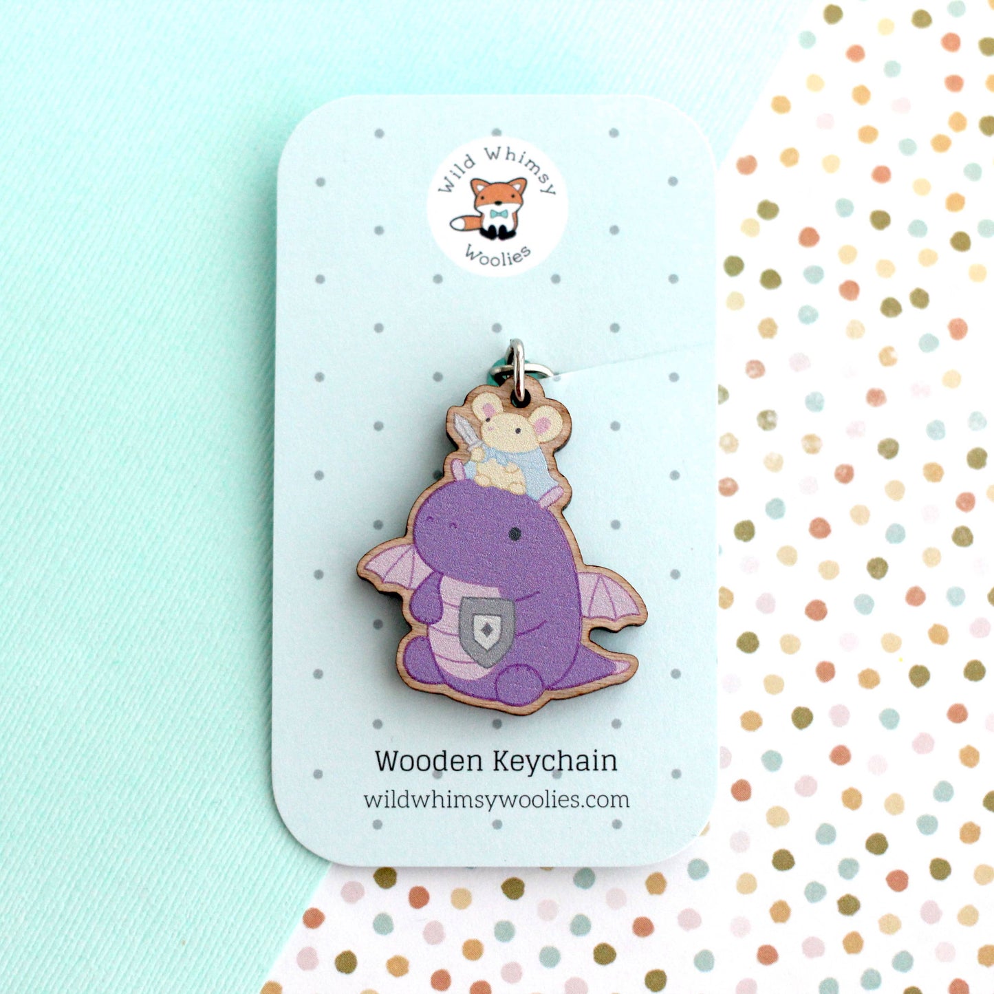 Mouse on Dragon Keychain. Wooden Dragon Key Charm. Geek Gift