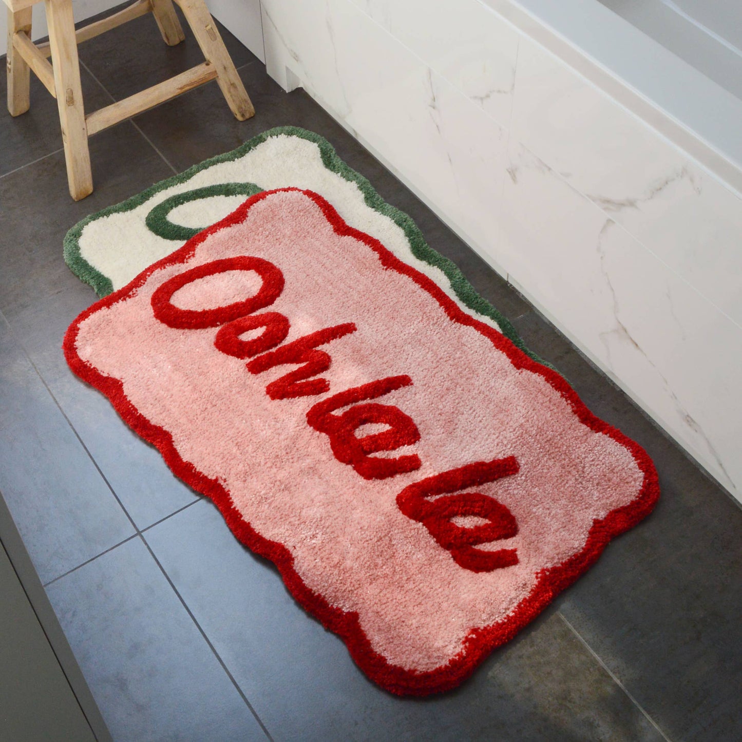 Ooh La La Slogan Scallop Bath Mat Non Slip - Scalloped Rug: Red/Pink