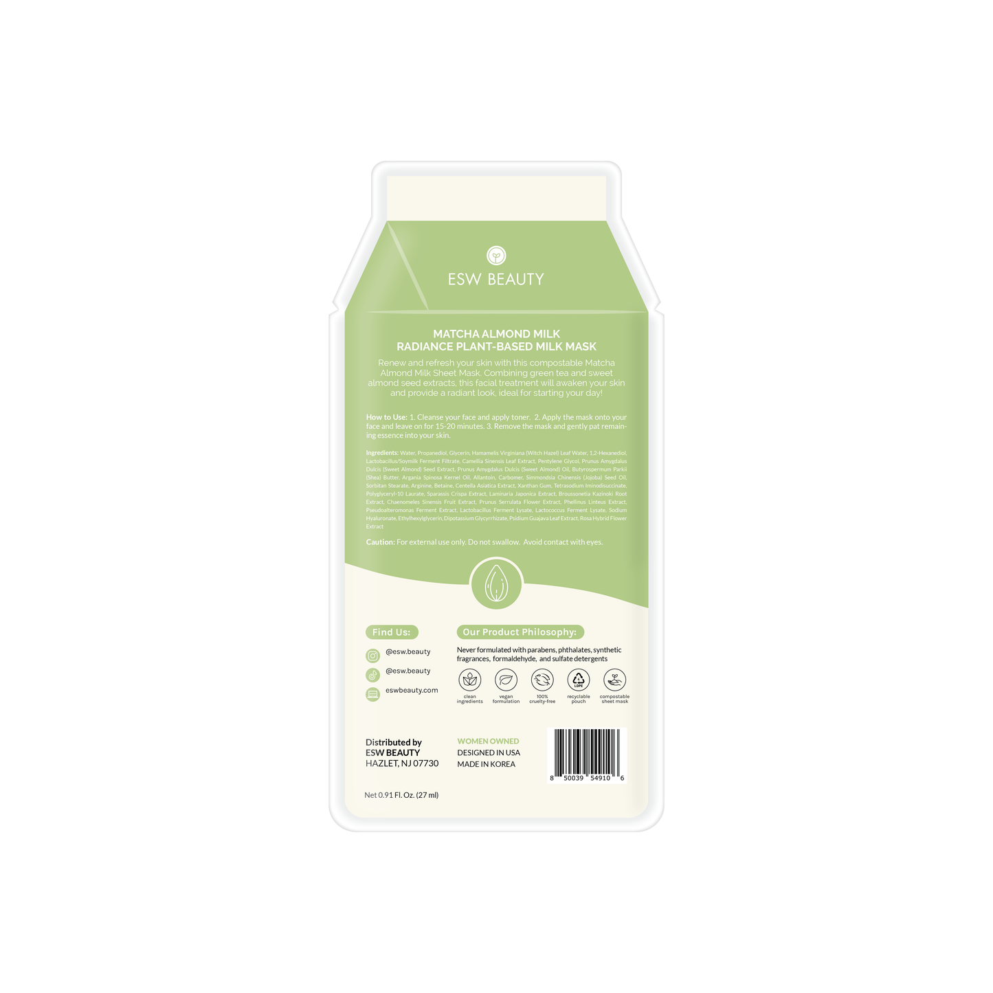 Matcha Almond Milk Radiance Plant-Based Milk Sheet Mask: With Peg Hole