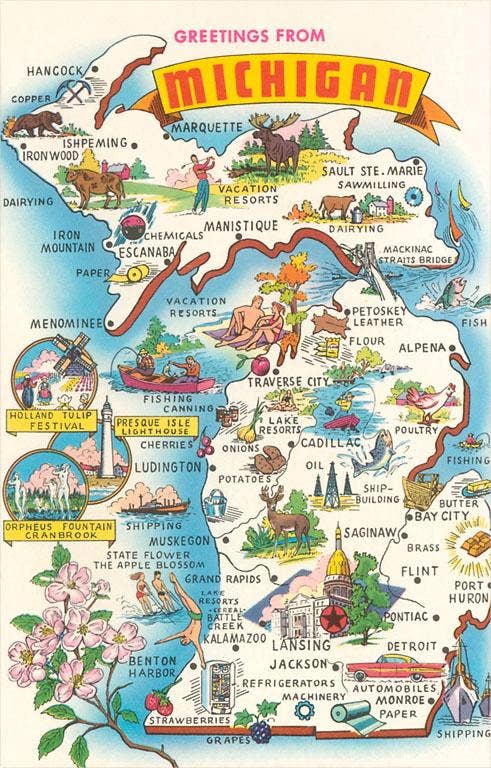 MI-637 Greetings from Michigan, Map - Vintage Image, Magnet