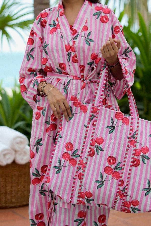 Victoria Pink Cherry Print Kimono Robe: One size