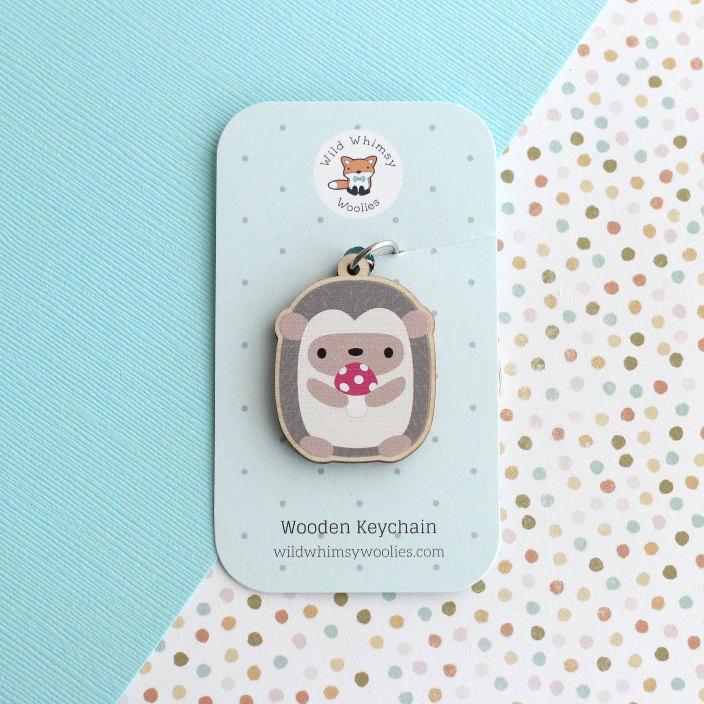Mushroom Hedgehog Wood Keychain - Cute Wooden Animal Charm