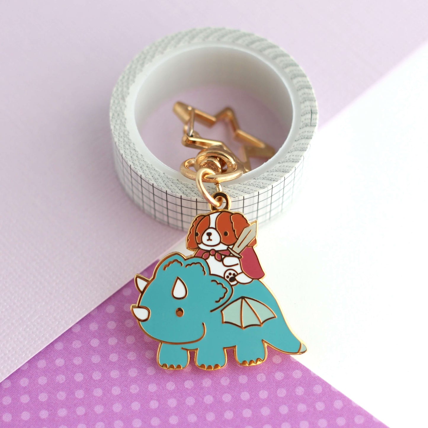 Cavalier King Charles Spaniel Riding Dragon Enamel Keychain