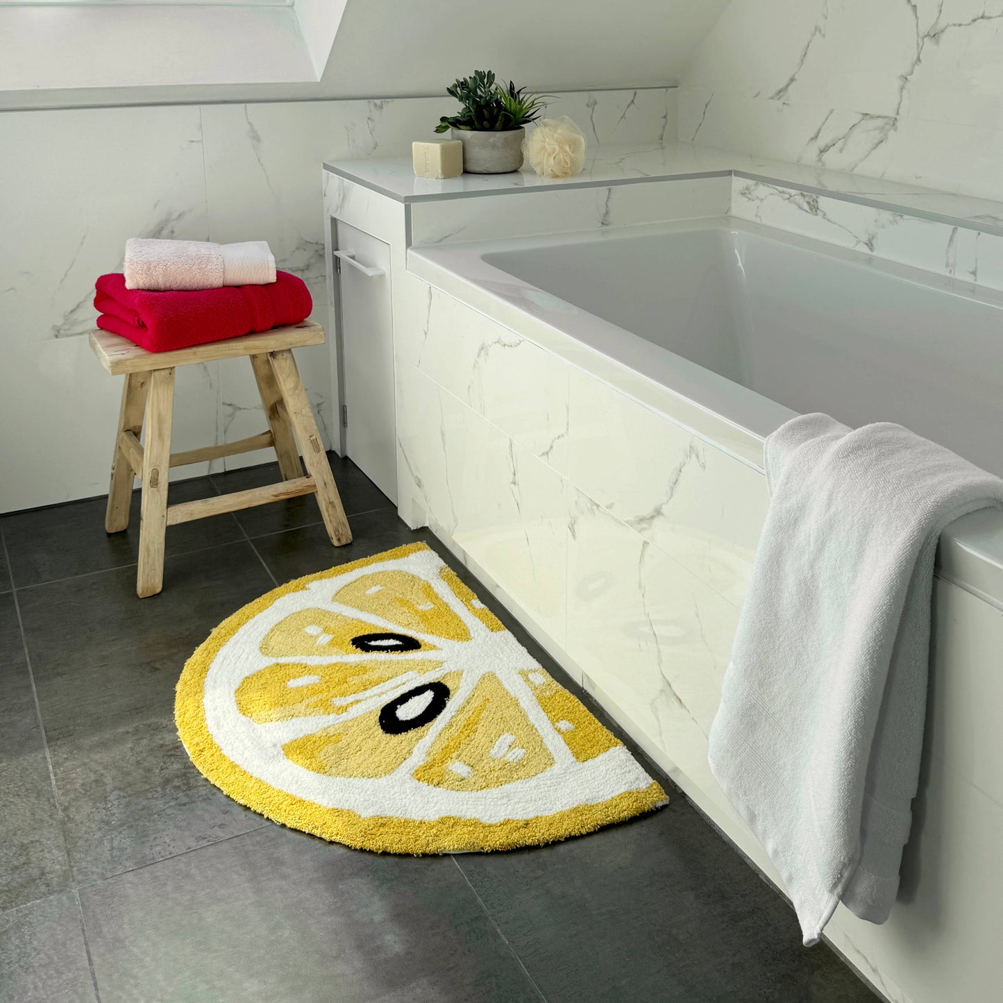 Semi Circle Lemon Bath Mat Non Slip - Fun, Colourful Rug