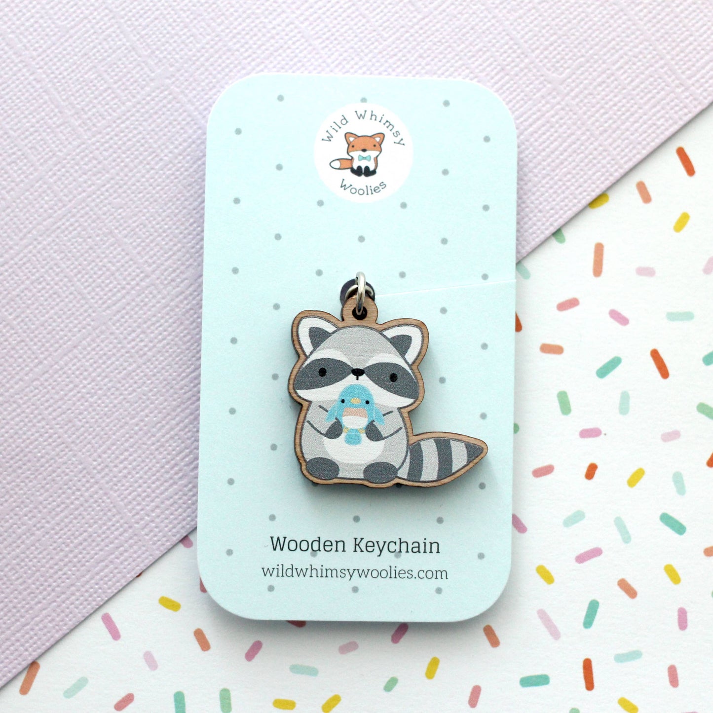 Cute Raccoon Keychain. Wood Animal Keychain. Bird Keychain