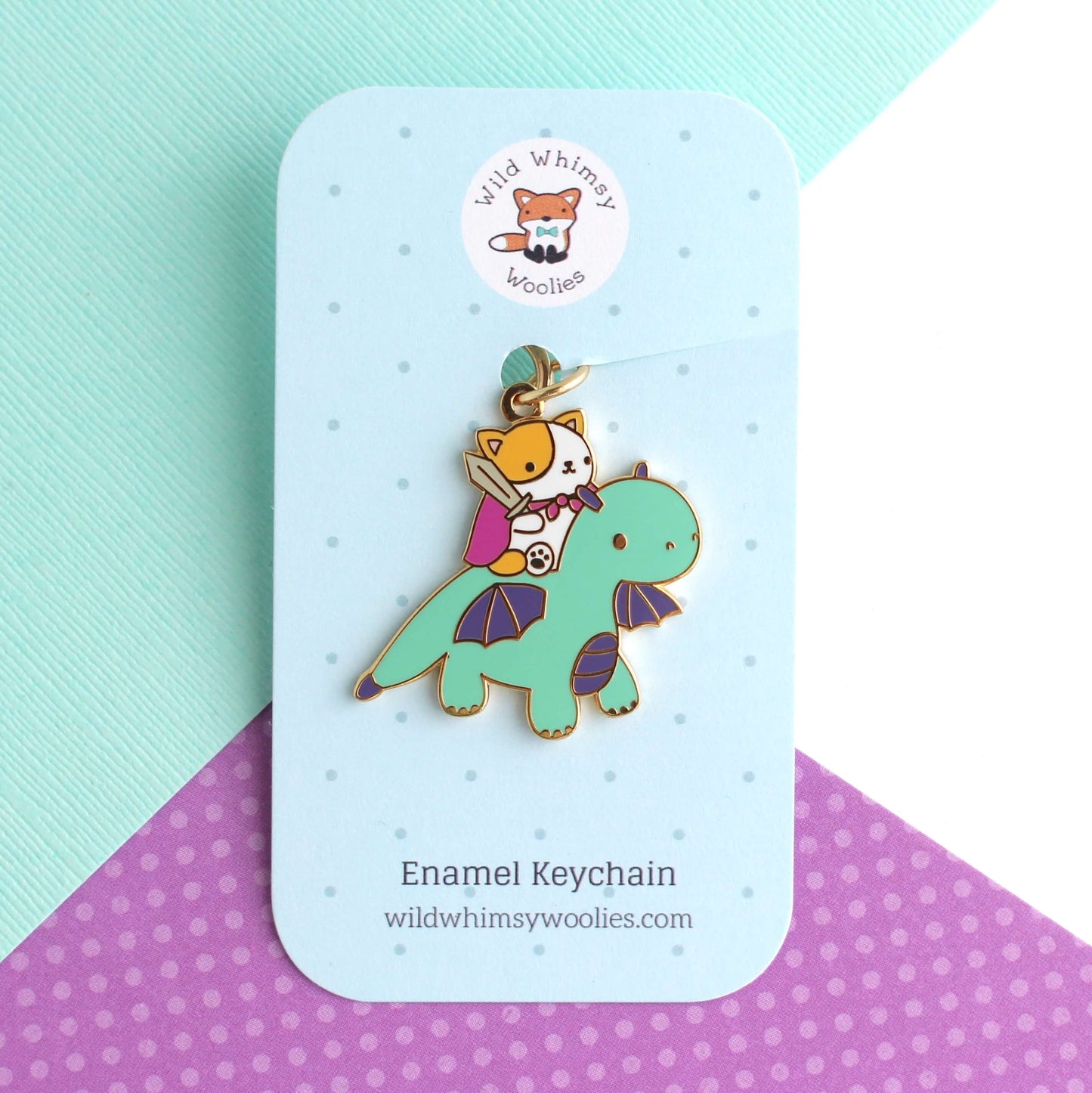Cat and Dragon Knight Enamel Keychain (Turquoise)