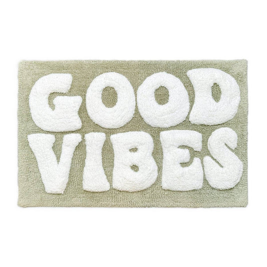 Good Vibes Slogan Bath Mat Non Slip Hand Tufted Bathroom Rug: Green