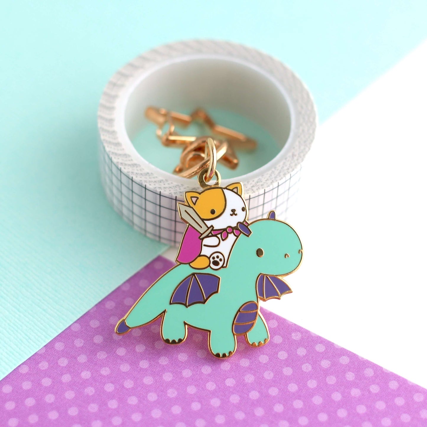 Cat and Dragon Knight Enamel Keychain (Turquoise)
