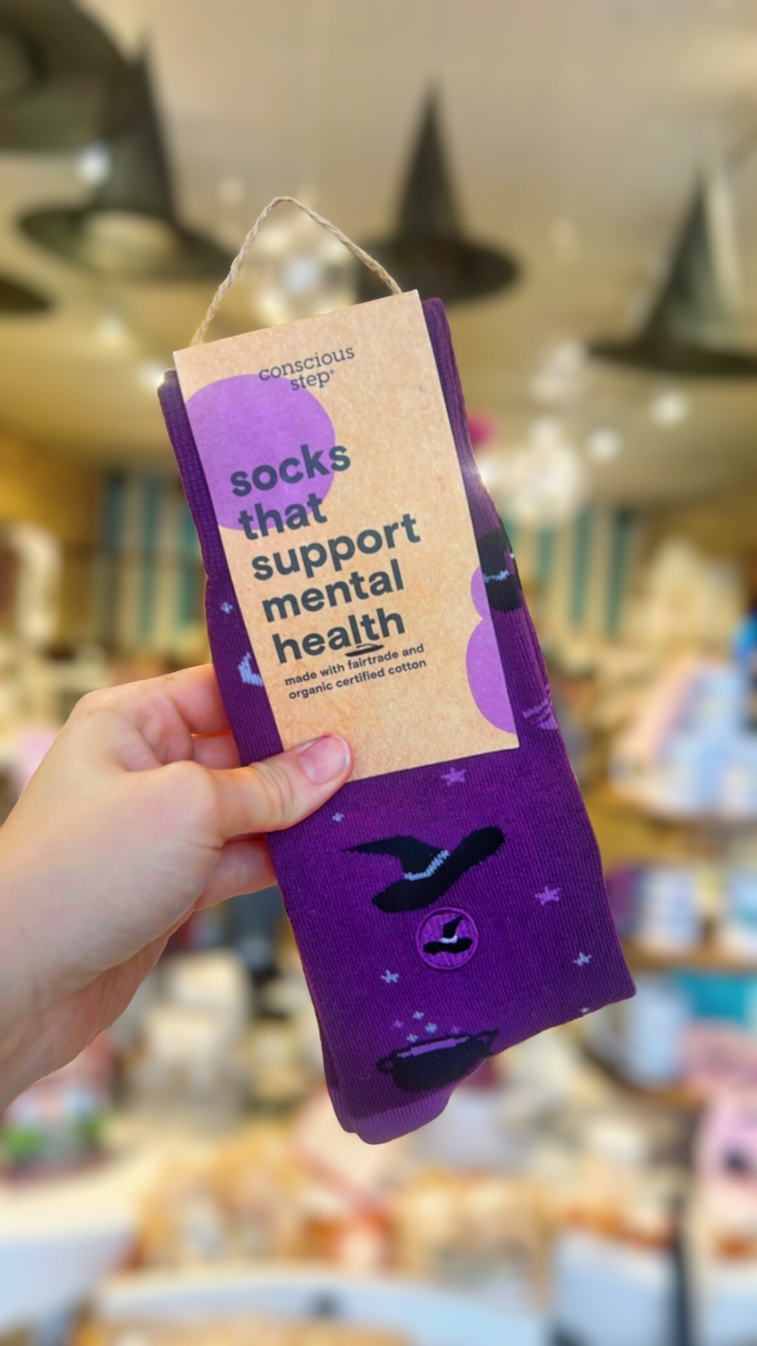 Purple Witch Hat Socks that Support Mental Health
