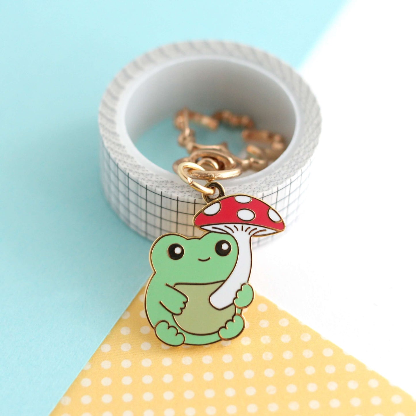 Frog with Red Mushroom Umbrella Enamel Keychain
