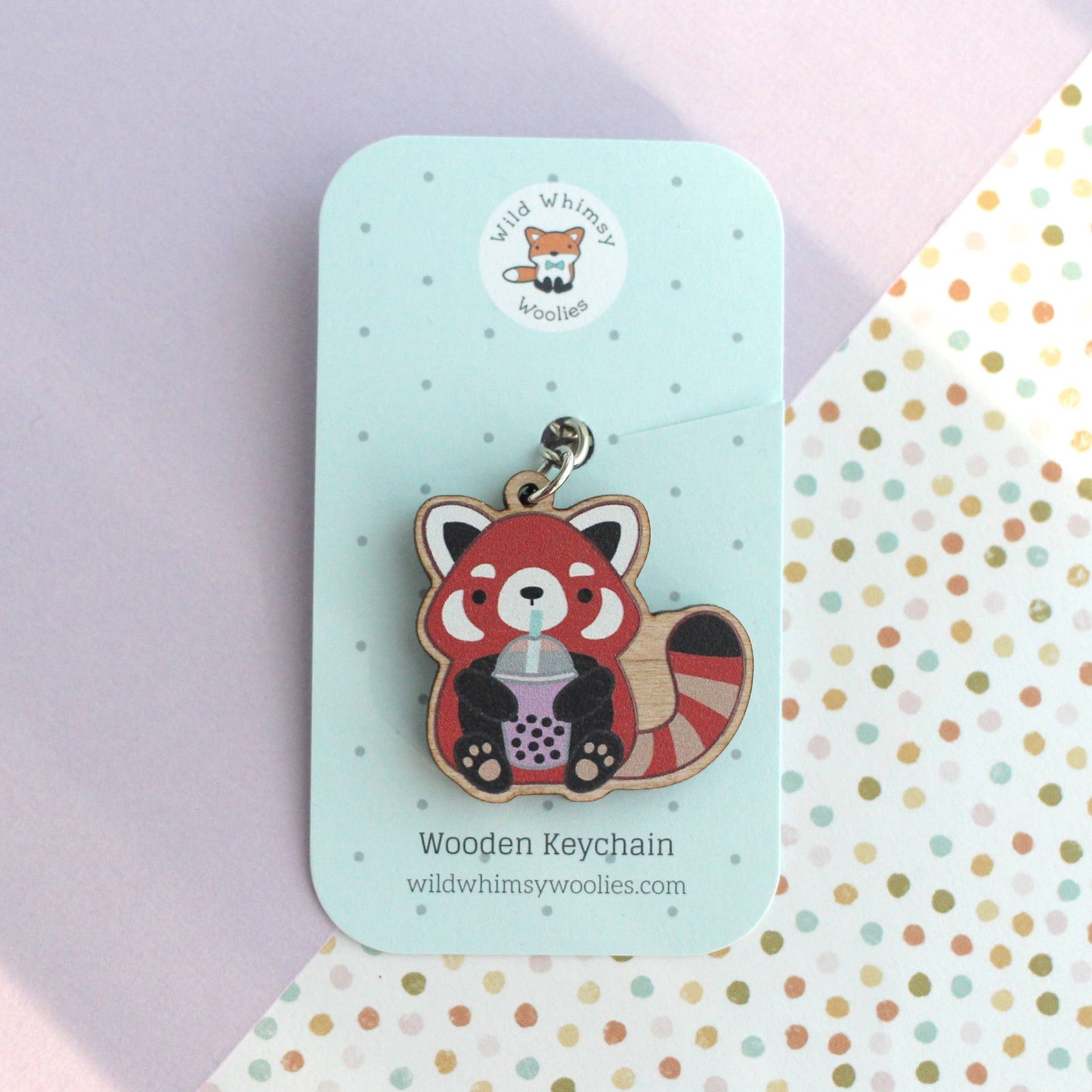 Red Panda holding Bubble Tea / Boba Wooden Keychain
