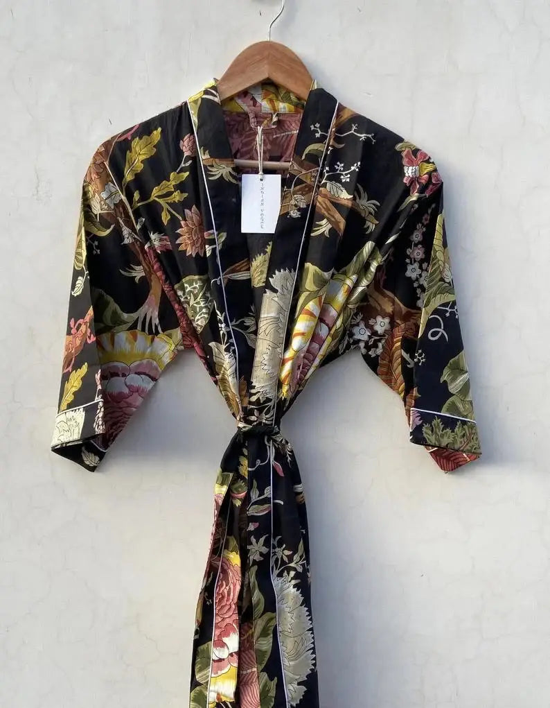 Women Kimono Robe Cotton Dressing Gown Boho Cotton Bathrobe: One size US women's letter