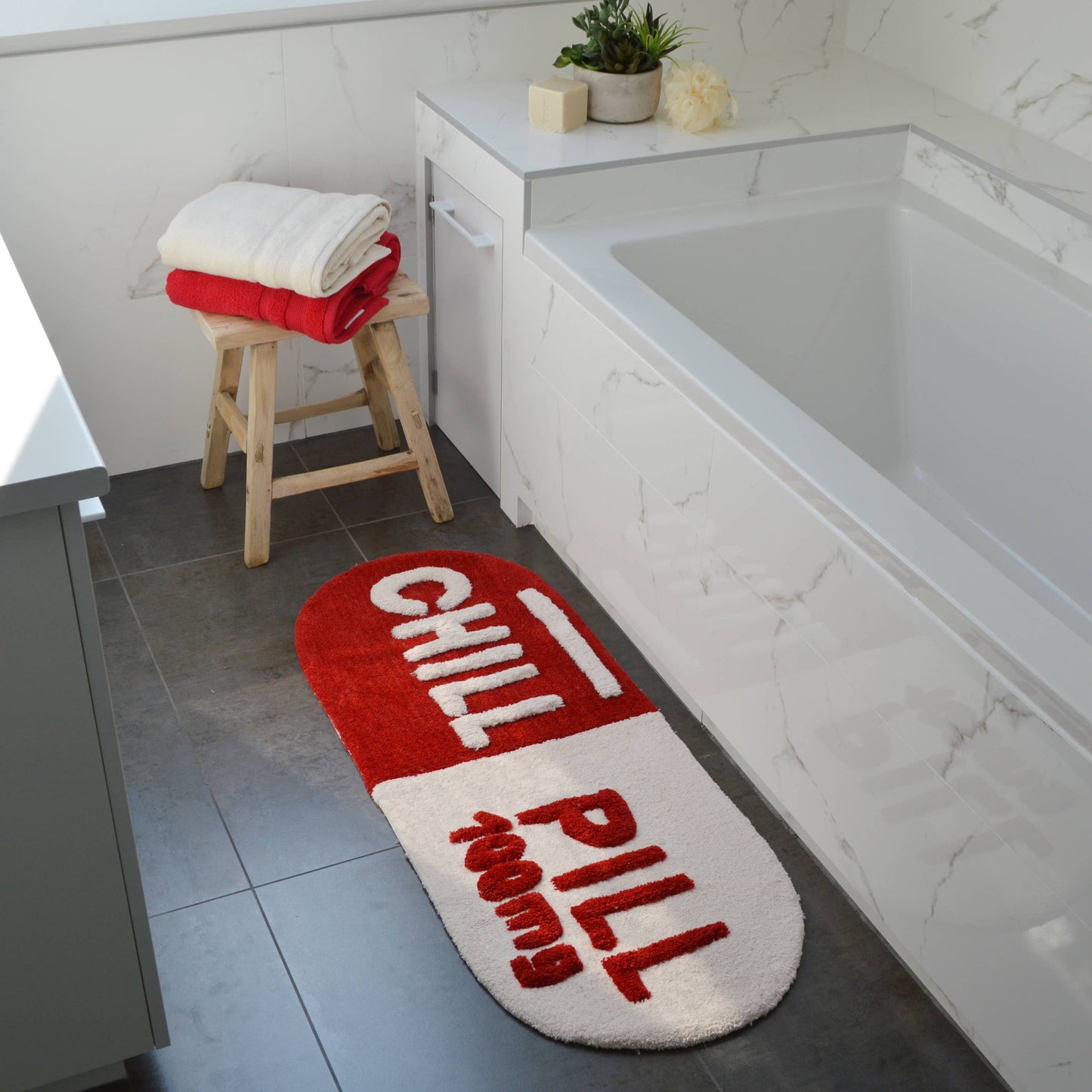 Chill Pill Rug, Hand Tufted Long Bath Mat Runner Non Slip: Red