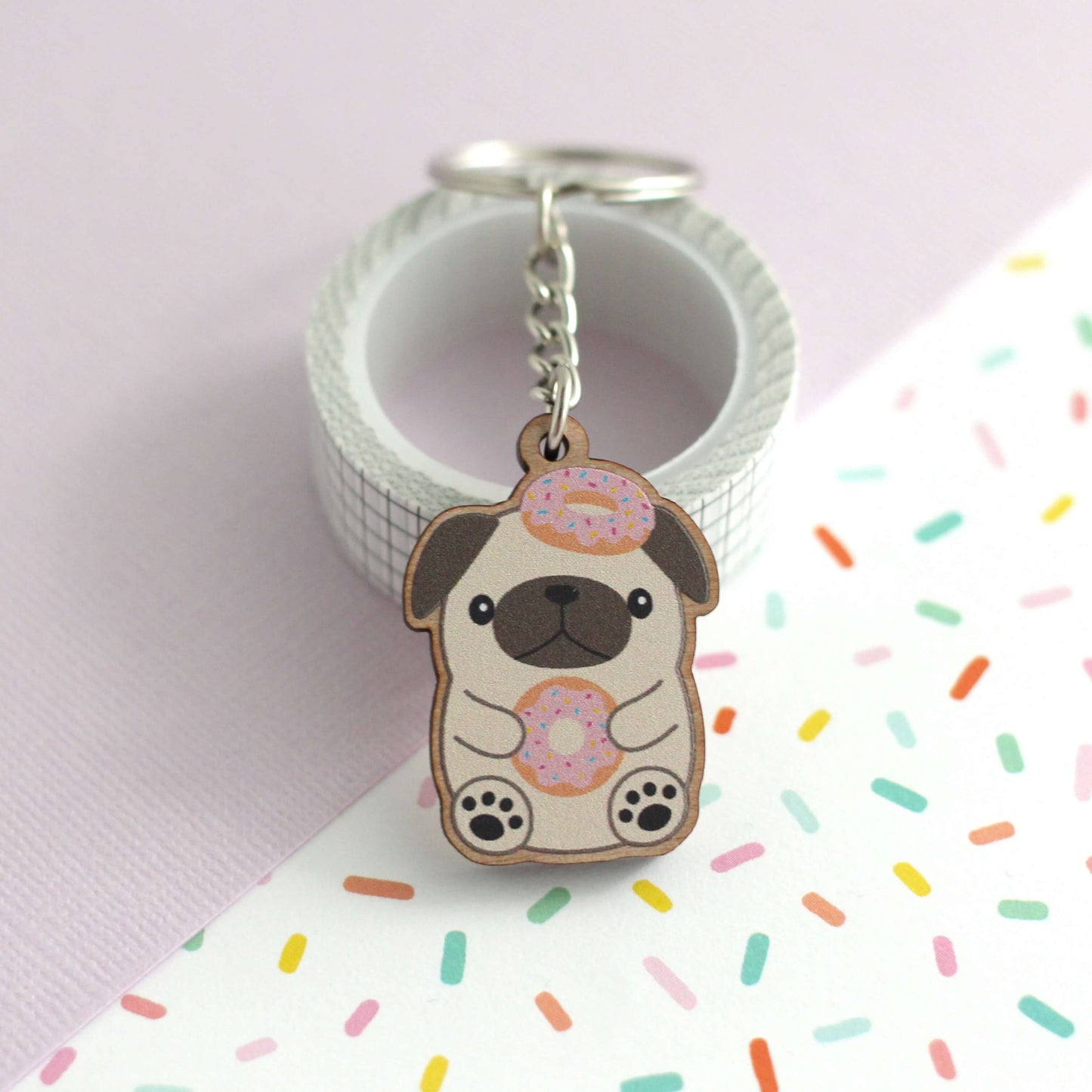 Donut Loving Pug Wooden Keychain. Cute Dog Purse Charm