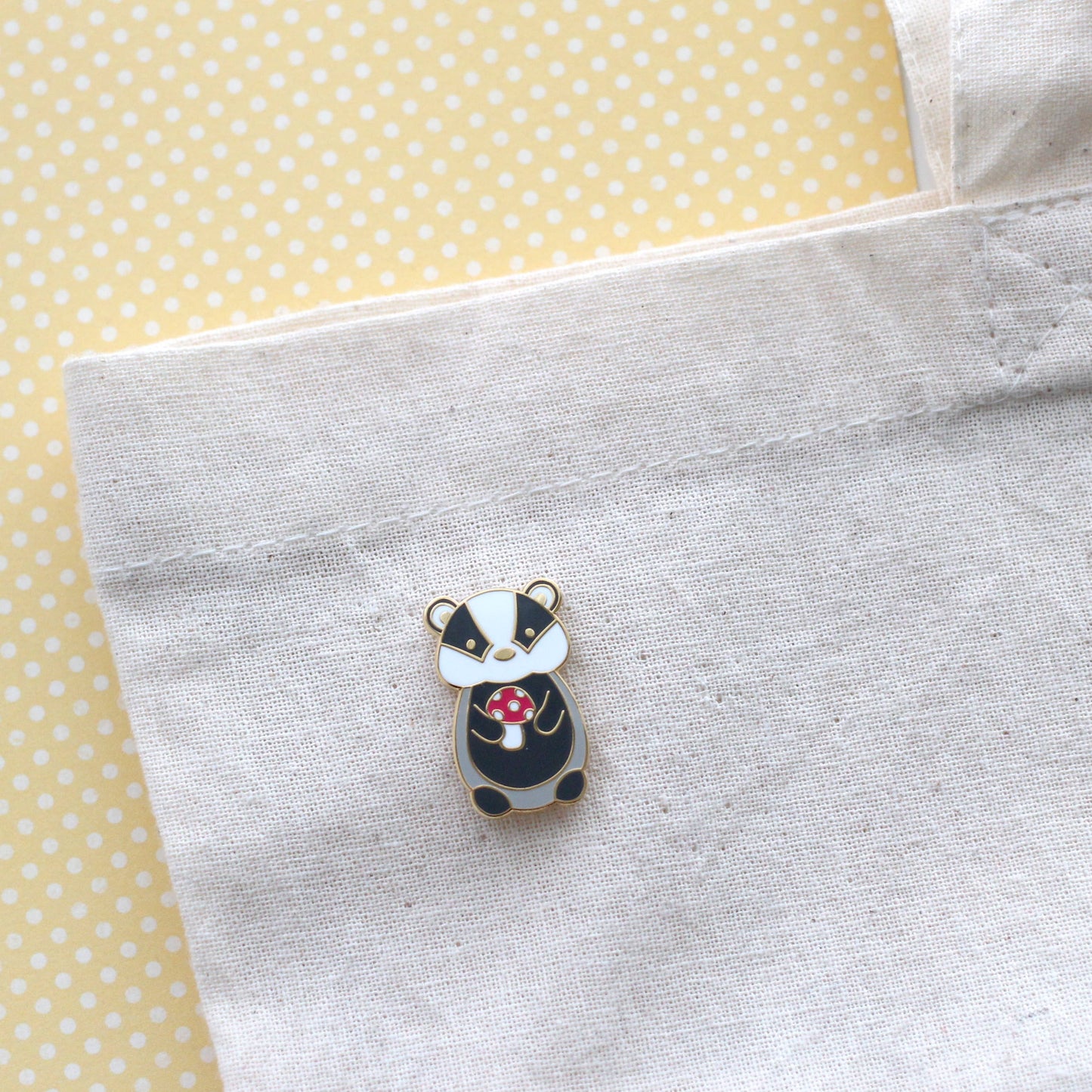 Badger and Red Mushroom Enamel Pin (Black Variant)