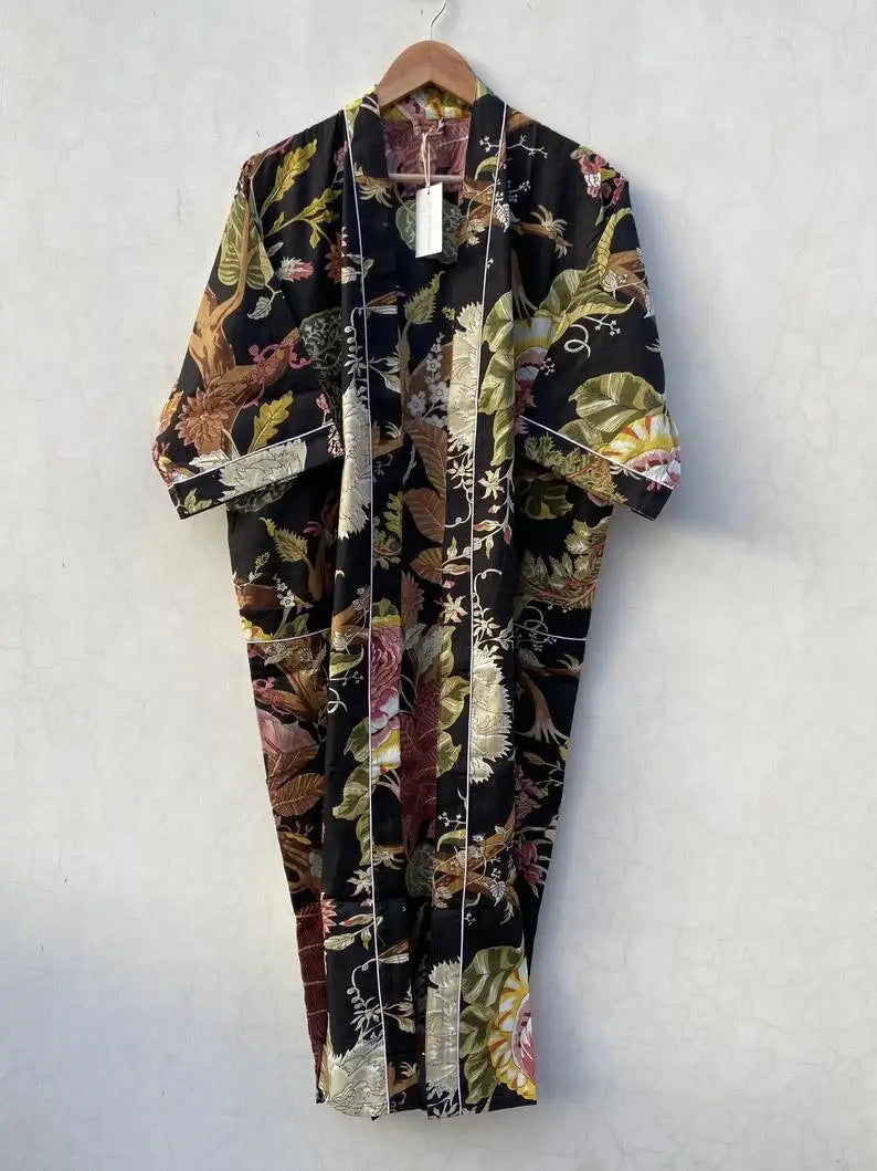 Women Kimono Robe Cotton Dressing Gown Boho Cotton Bathrobe: One size US women's letter