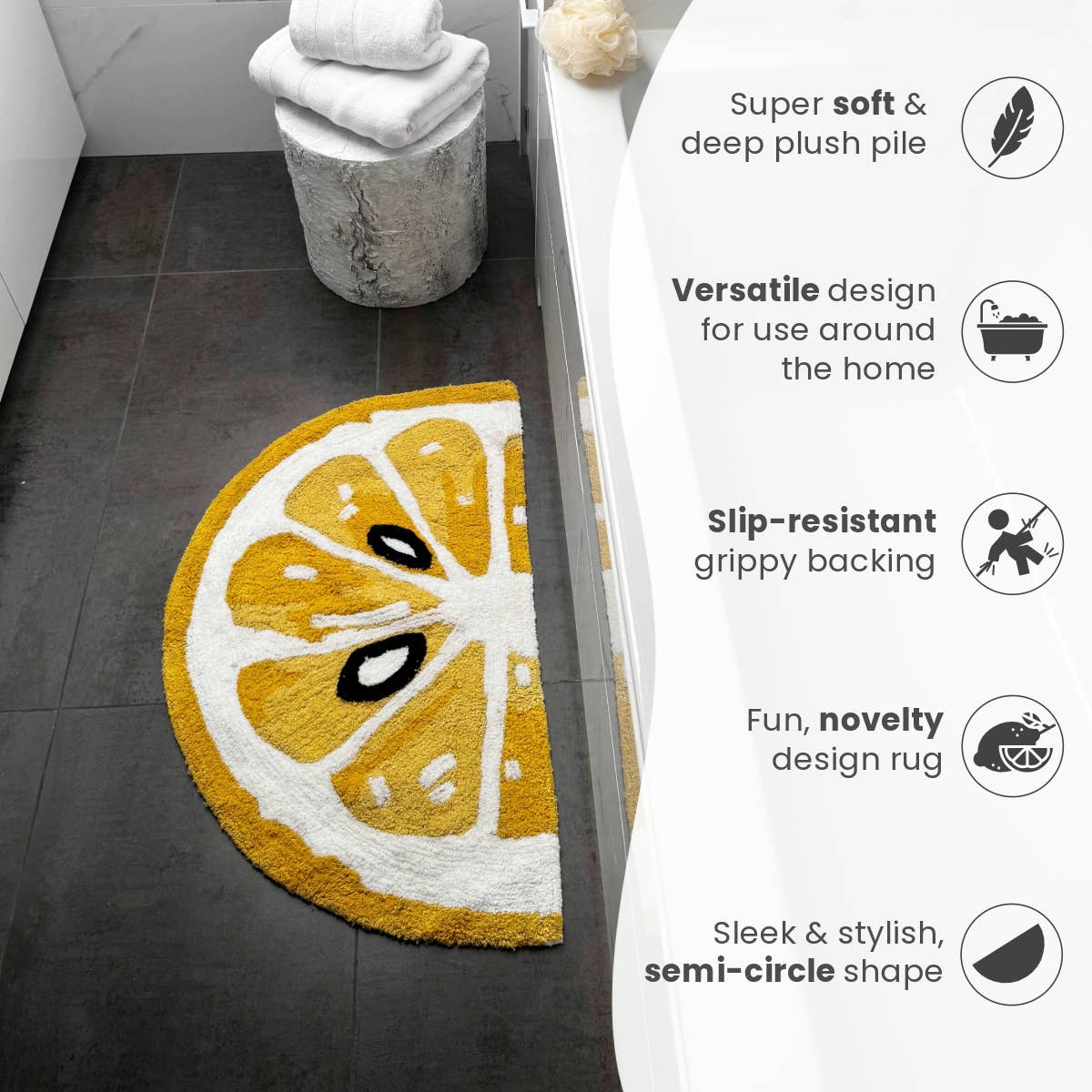 Semi Circle Lemon Bath Mat Non Slip - Fun, Colourful Rug