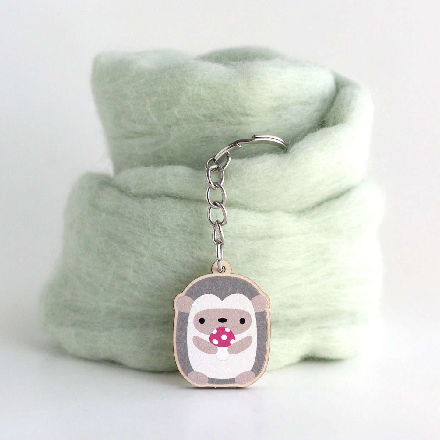 Mushroom Hedgehog Wood Keychain - Cute Wooden Animal Charm