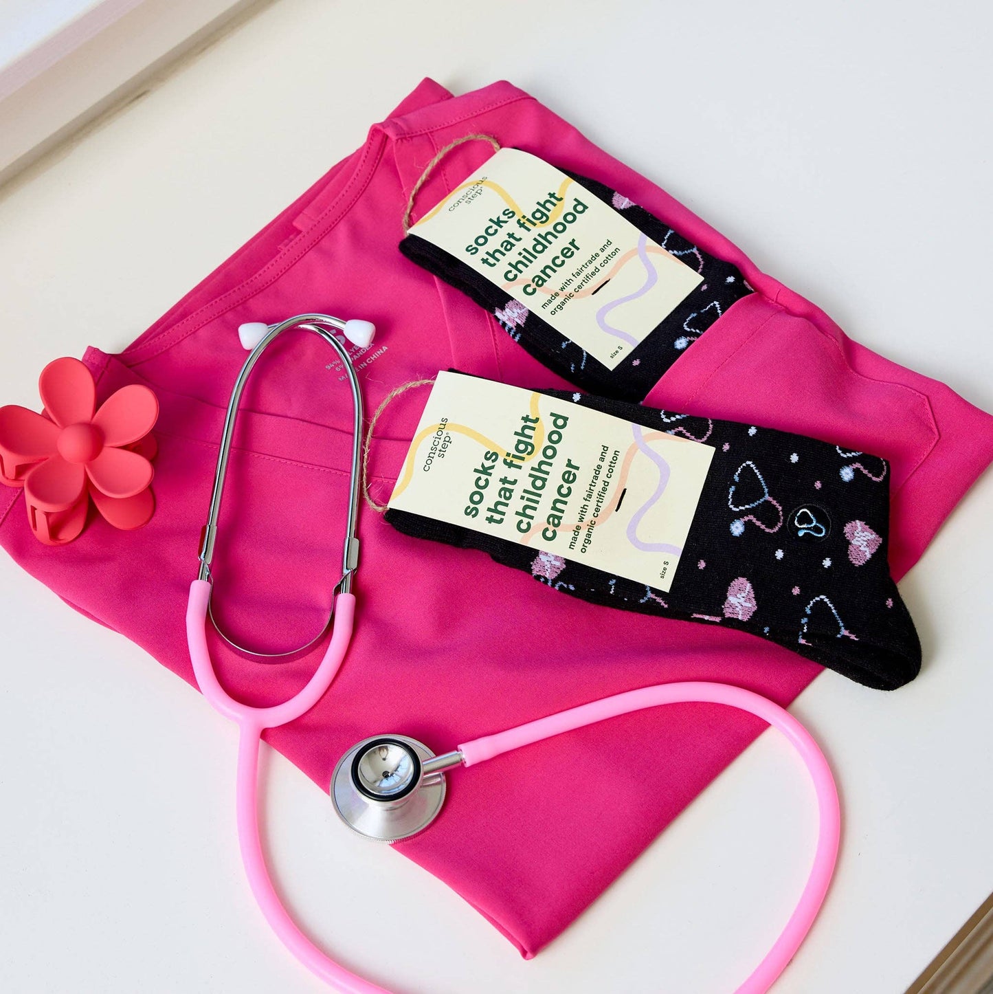 Socks that Fight Childhood Cancer (Black Stethoscopes): Medium