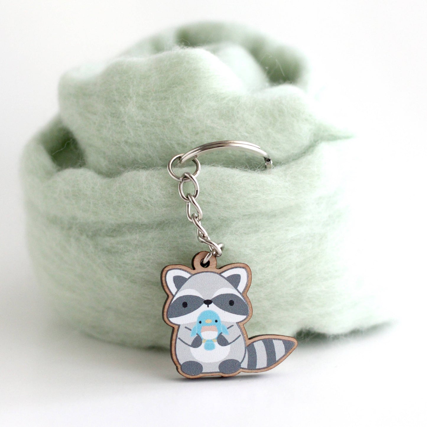 Cute Raccoon Keychain. Wood Animal Keychain. Bird Keychain