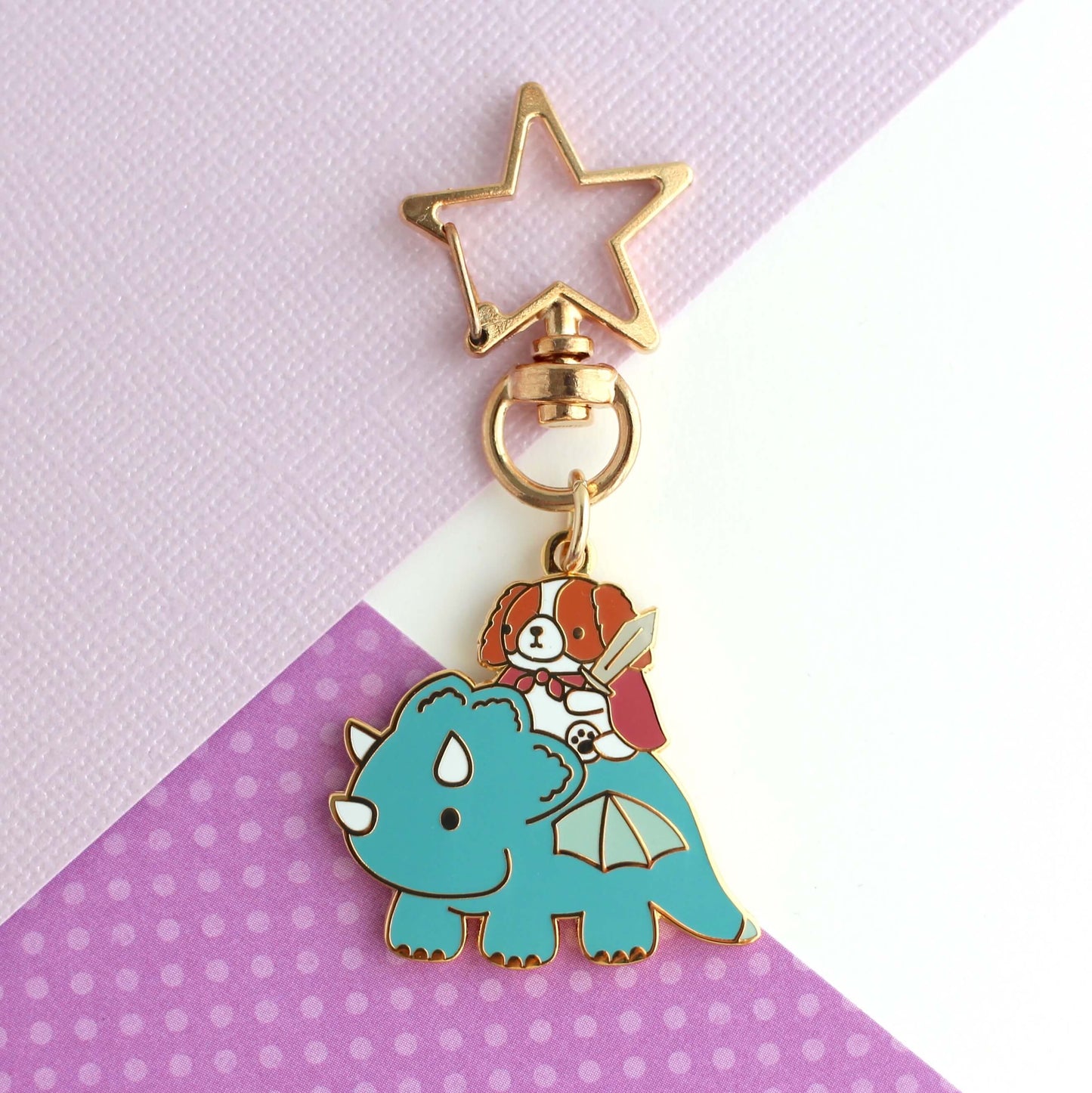 Cavalier King Charles Spaniel Riding Dragon Enamel Keychain