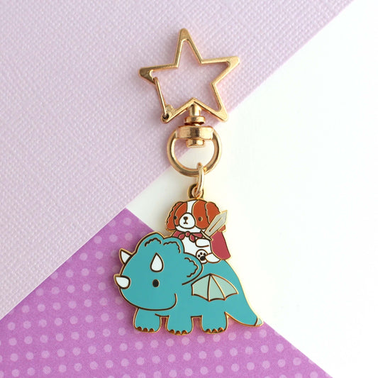 Cavalier King Charles Spaniel Riding Dragon Enamel Keychain
