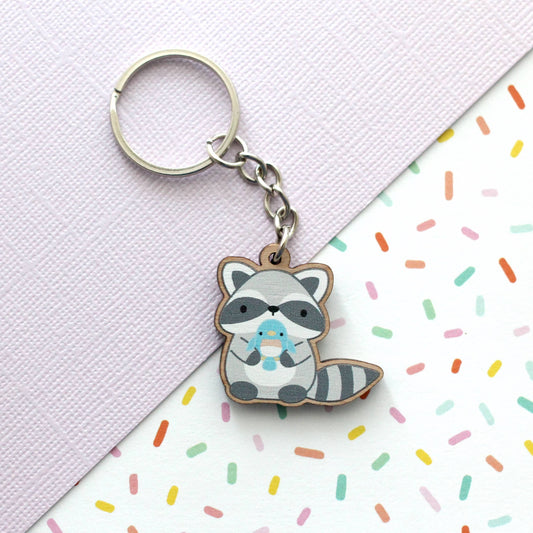 Cute Raccoon Keychain. Wood Animal Keychain. Bird Keychain