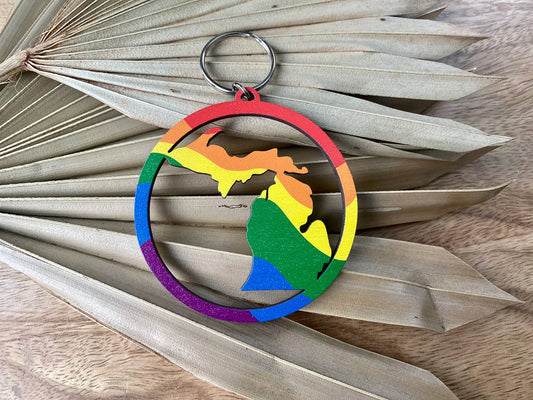 Michigan Rainbow Wave Round Wood Keychain
