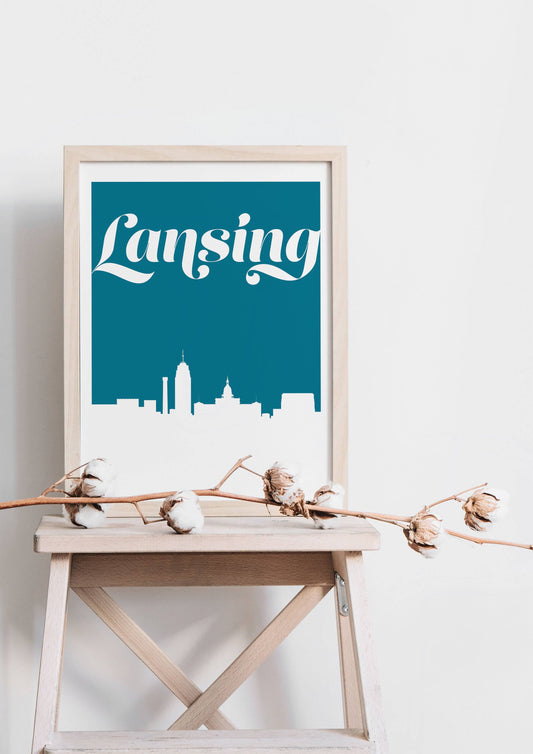 Lansing Michigan retro inspired skyline art print: 11x14