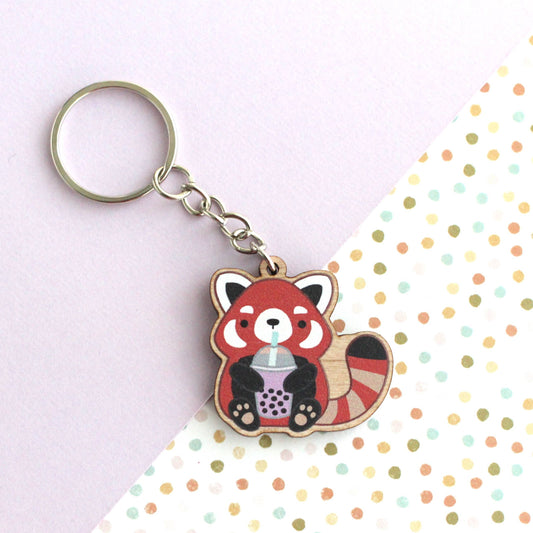 Red Panda holding Bubble Tea / Boba Wooden Keychain