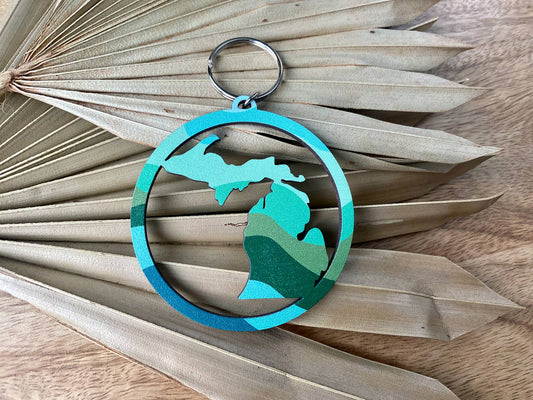Michigan Green and Blue Wave Round Wood Keychain