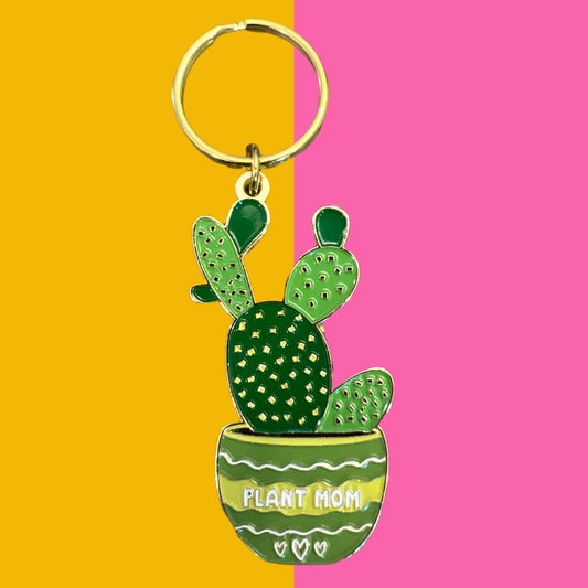 Plant Mom Gold Enamel Keychain - Cactus Large Keychain