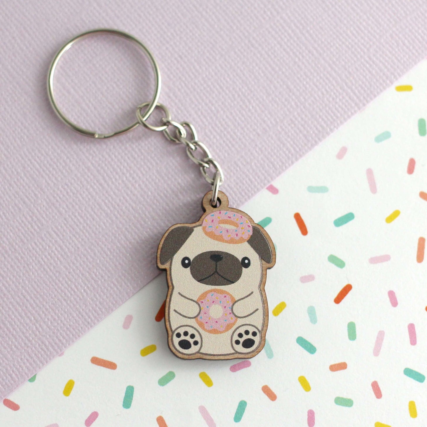 Donut Loving Pug Wooden Keychain. Cute Dog Purse Charm