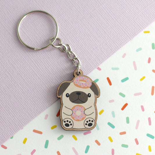 Donut Loving Pug Wooden Keychain. Cute Dog Purse Charm