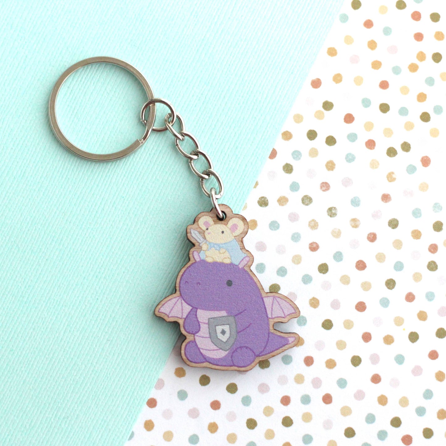 Mouse on Dragon Keychain. Wooden Dragon Key Charm. Geek Gift