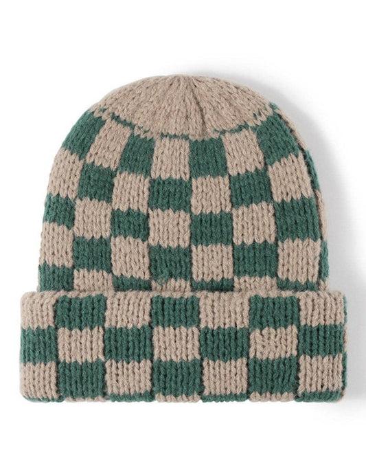 Plaid Contrast Color Warm Knit Beanie : Green