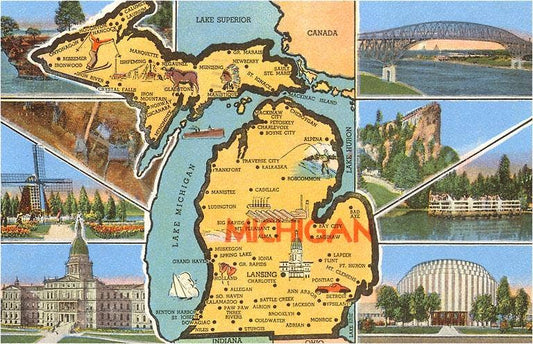 Views and Map of Michigan - Vintage Image, Postcard