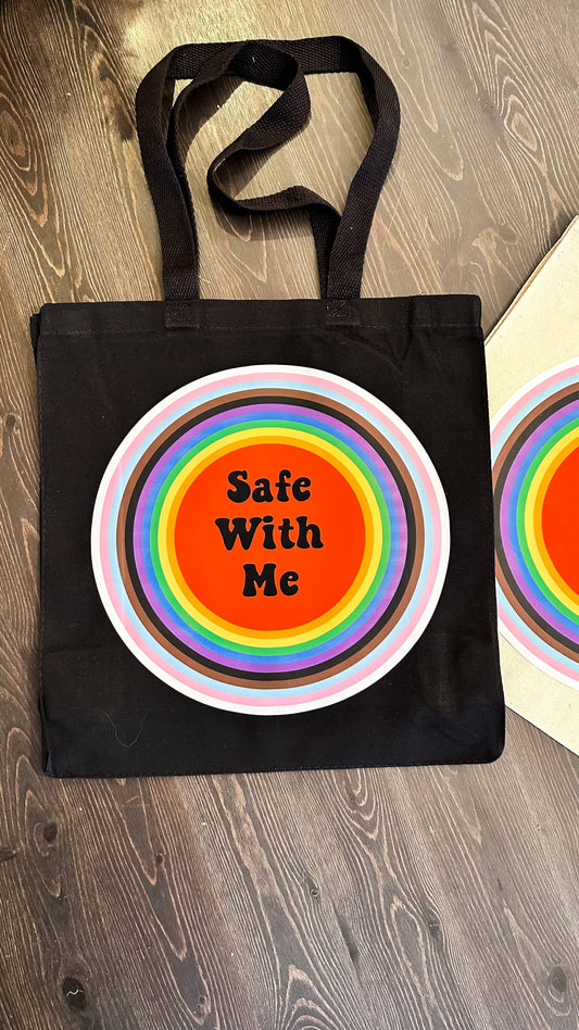 Safe With Me Circle Canvas Tote Bag: Black