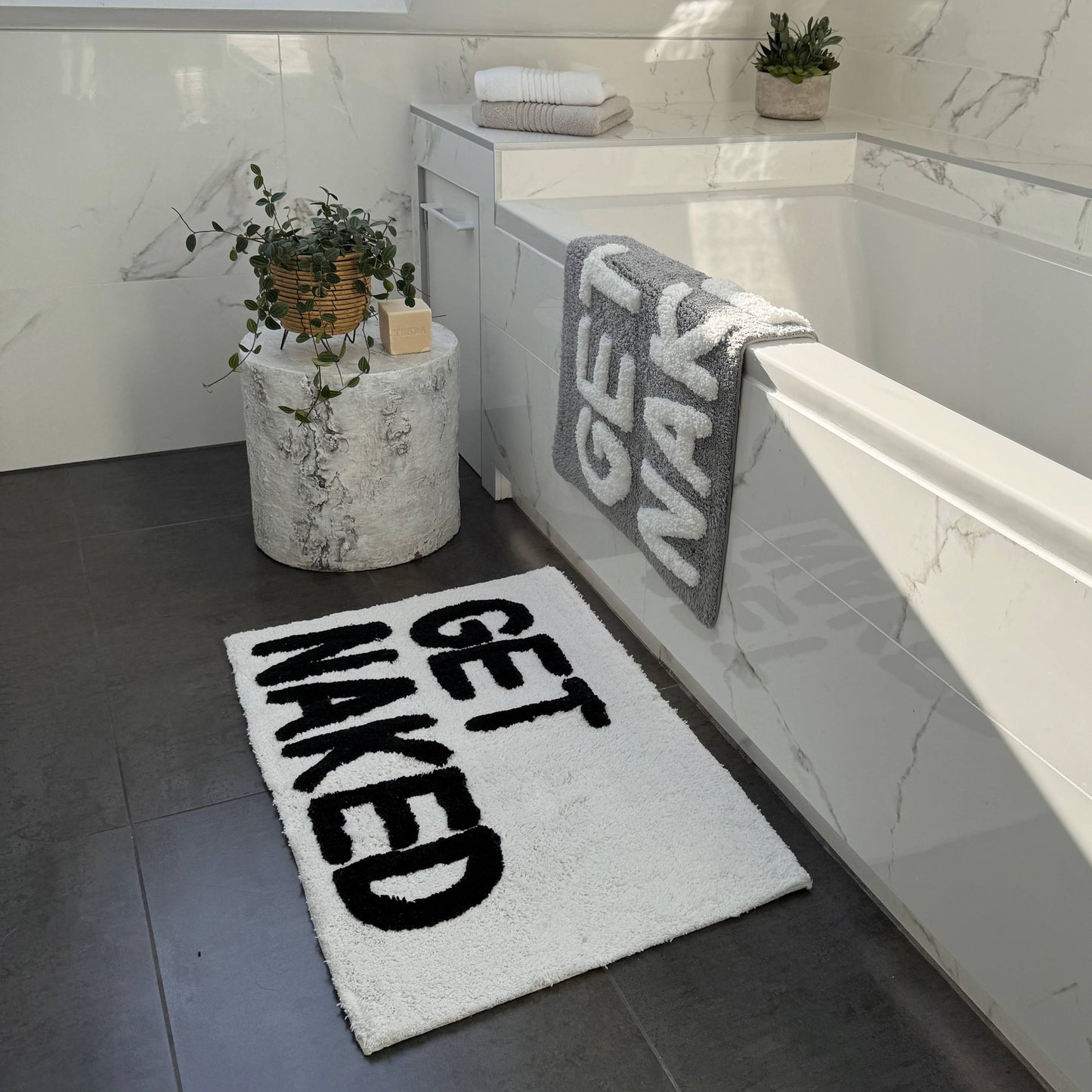 Get Naked Bath Mat - Non Slip Slogan Bathroom Rug: White/Black