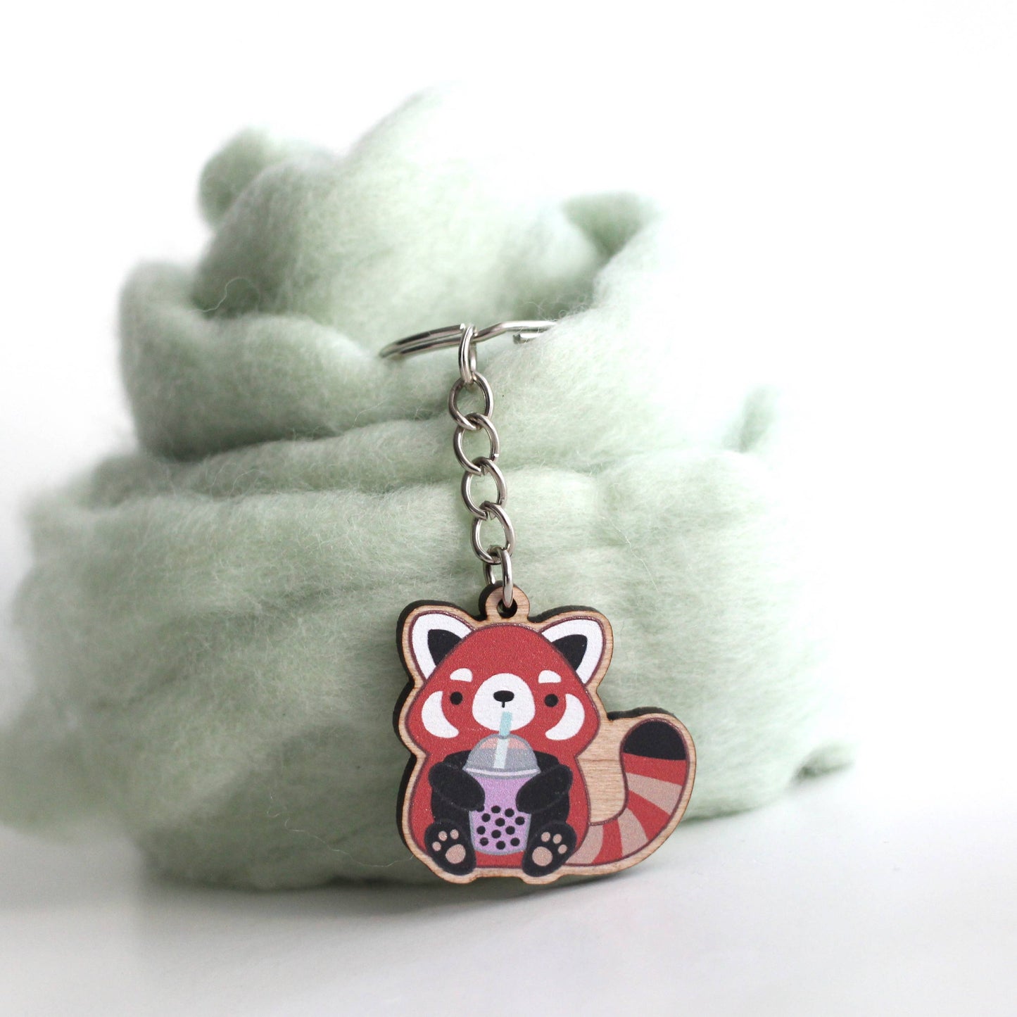 Red Panda holding Bubble Tea / Boba Wooden Keychain