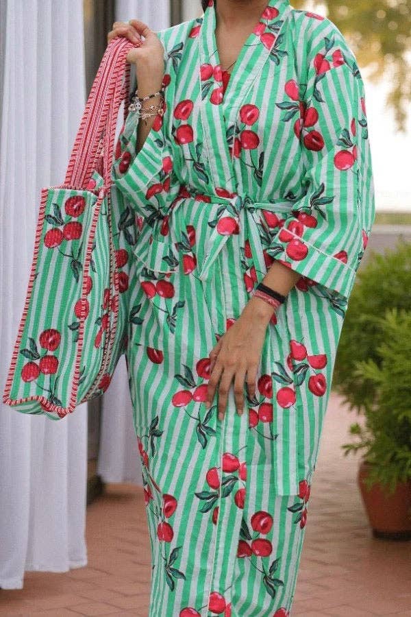 Piper Green Cherry Print Kimono Robe: One size